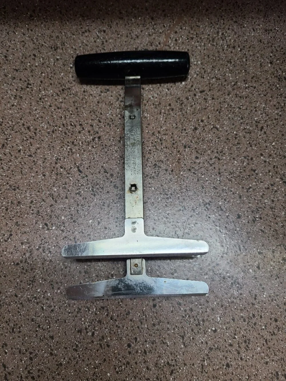 Vintage Foley Chopper Spring Loaded Nut 3 Blade Push Stainless Black Handle USA
